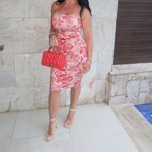 Strapless Red Floral Sheath Dress